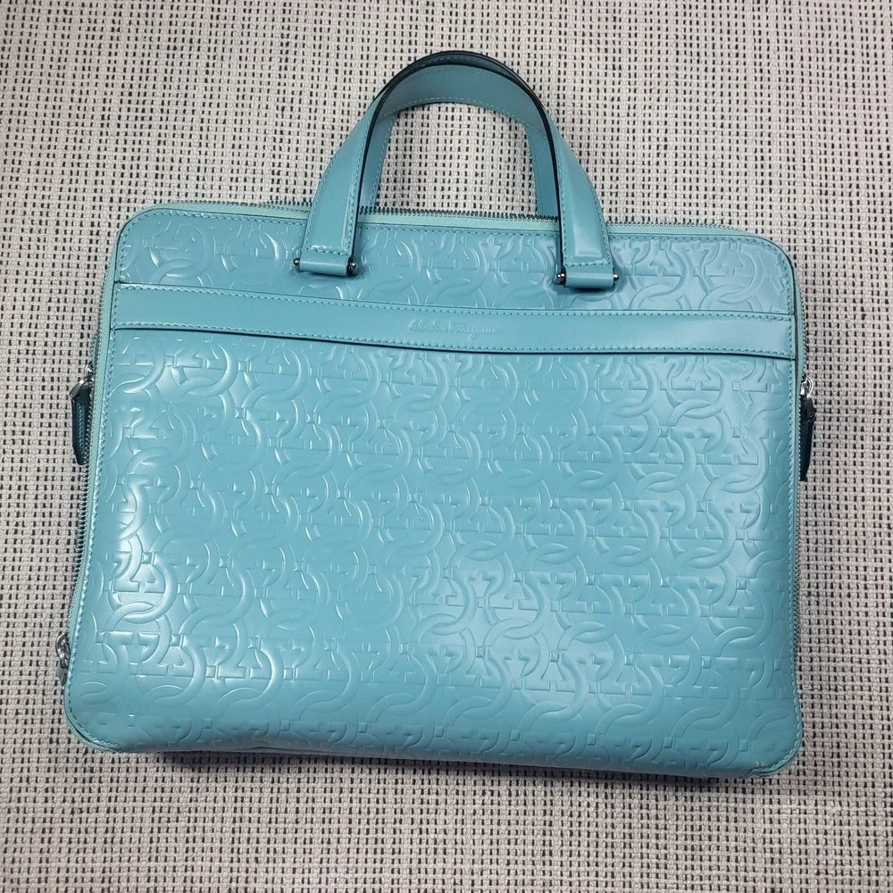Salvatore Ferragamo Gancini Laptop Bag Womens Large Turquoise Leather Embossed